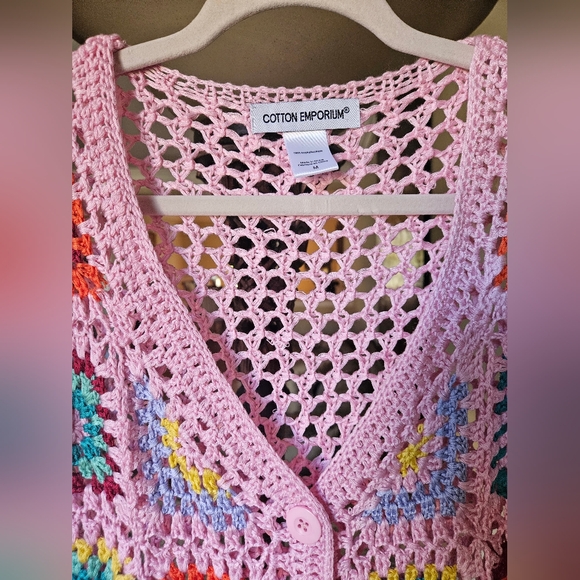 NWOT Cotton Emporium patchwork crochet sweater pink/multicolor - Picture 4 of 7